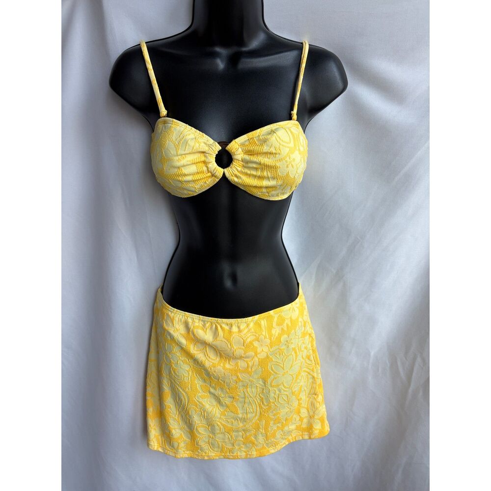 Cabana Del Sol Yellow Floral 3 Piece Bikini Set Two Piece and Swim Skirt Size S